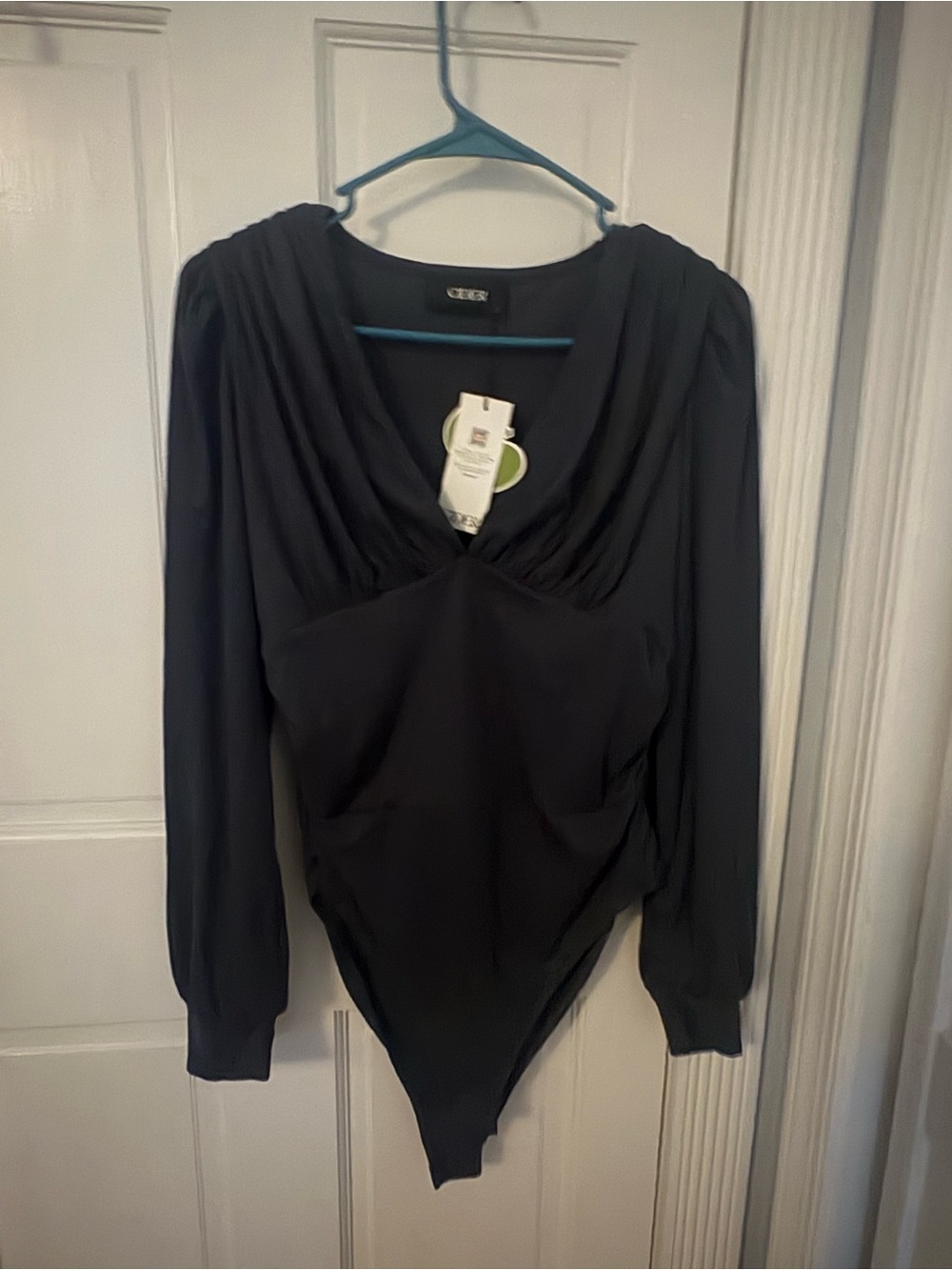 Cider Black Long-Sleeve Draped V-Neck Bodysuit